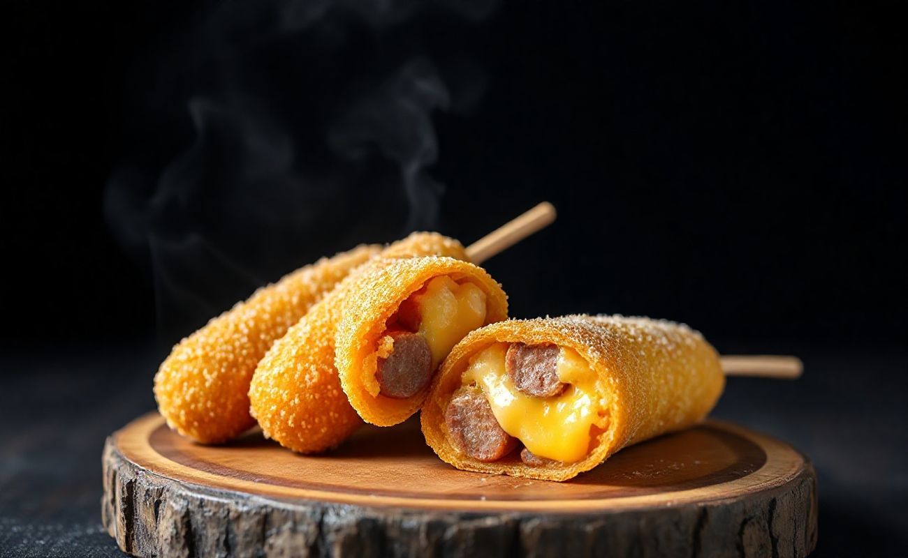 Korean Corn Dogs dourados e crocantes com açúcar cristal, mostrando recheio de salsicha e queijo em corte transversal