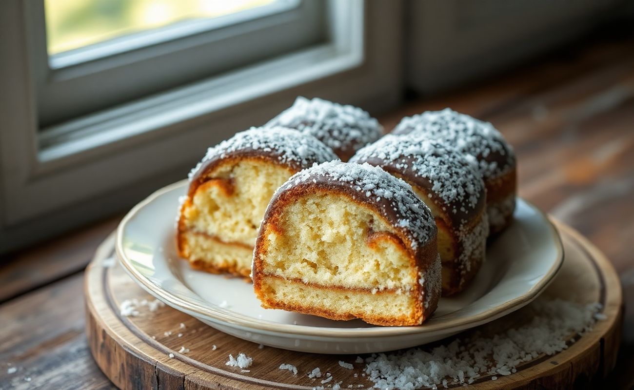 Lamingtons australianos - quadrados de bolo cobertos com chocolate e coco ralado, dispostos elegantemente em prato vintage