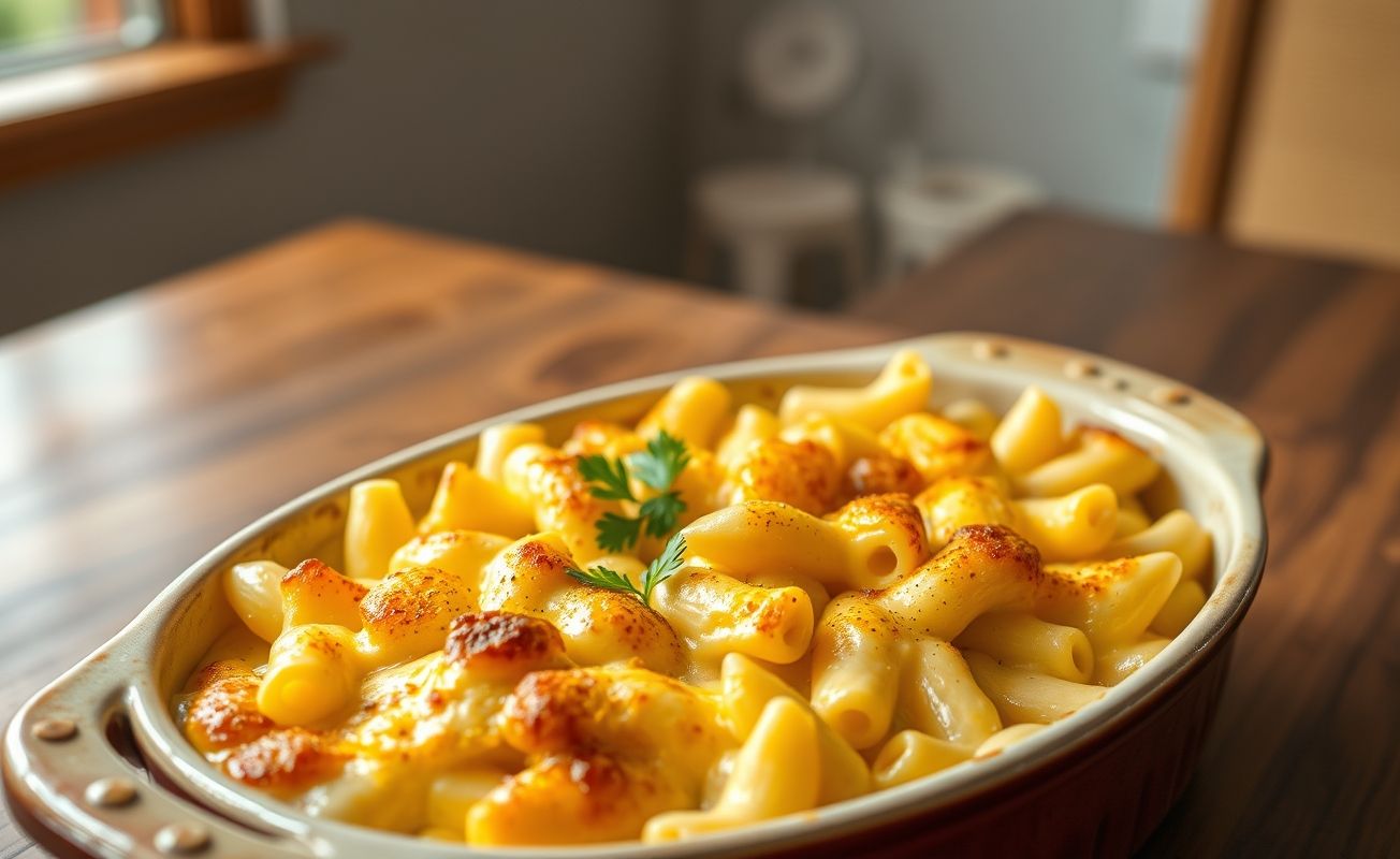 Mac and Cheese cremoso assado no forno com crosta dourada e queijo derretido em dish cerâmico rústico