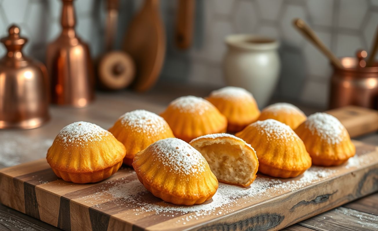 Madeleines douradas em forma de concha sobre tábua de madeira, polvilhadas com açúcar de confeiteiro, mostrando textura aerada