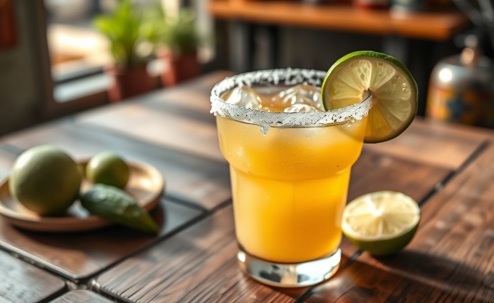Copo de Margarita com borda salgada, líquido dourado translúcido, fatia de limão na borda e gotas de condensação no vidro