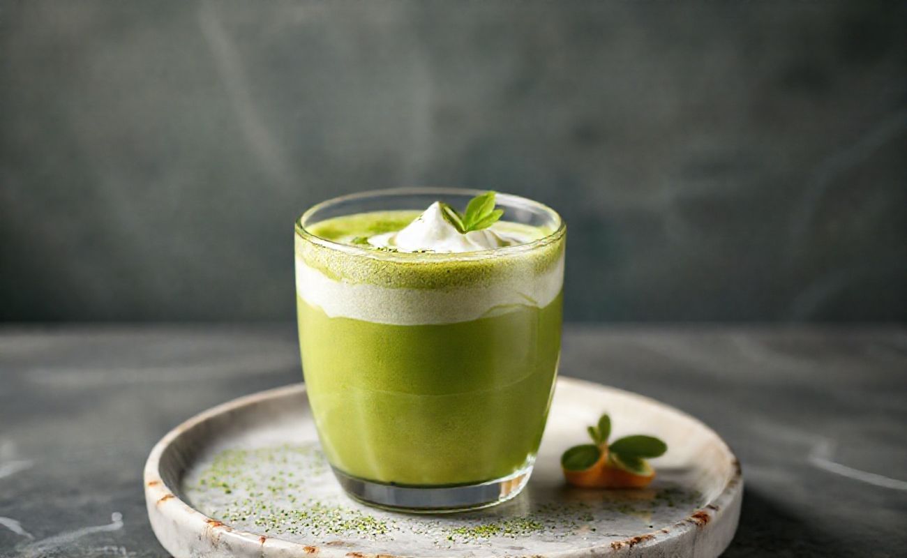 Matcha Latte Viral servido em copo transparente mostrando camadas perfeitas de verde vibrante e espuma branca cremosa