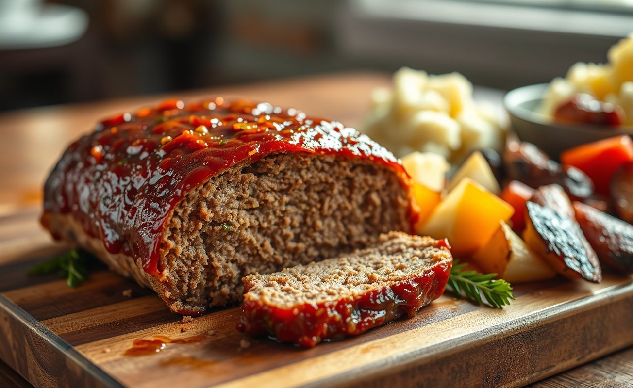 Fatia de Meatloaf dourado com molho barbecue, mostrando textura macia e suculenta, acompanhado de legumes assados