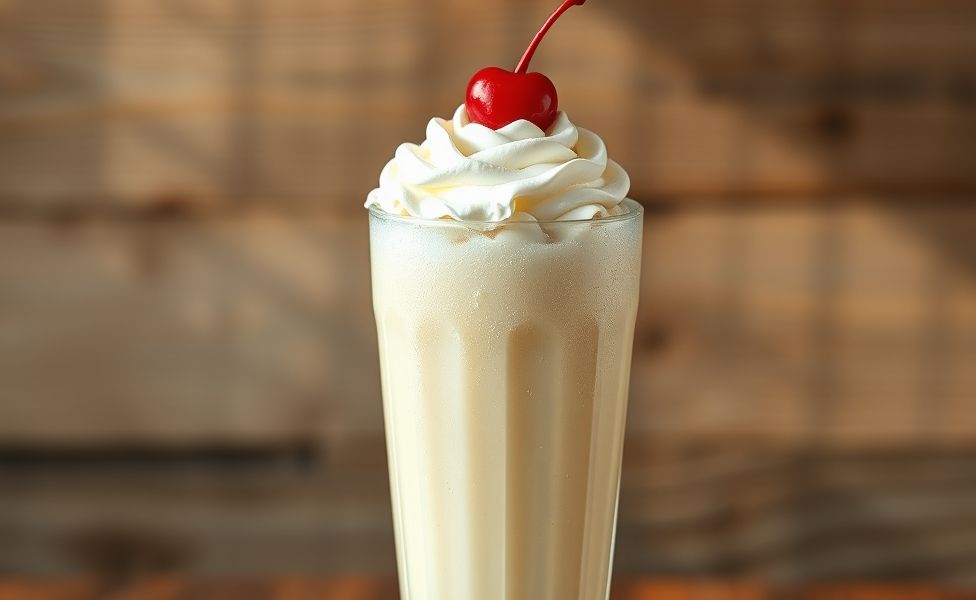 Milkshake cremoso de baunilha em copo alto com chantilly e cereja, textura aveludada e aparência refrescante