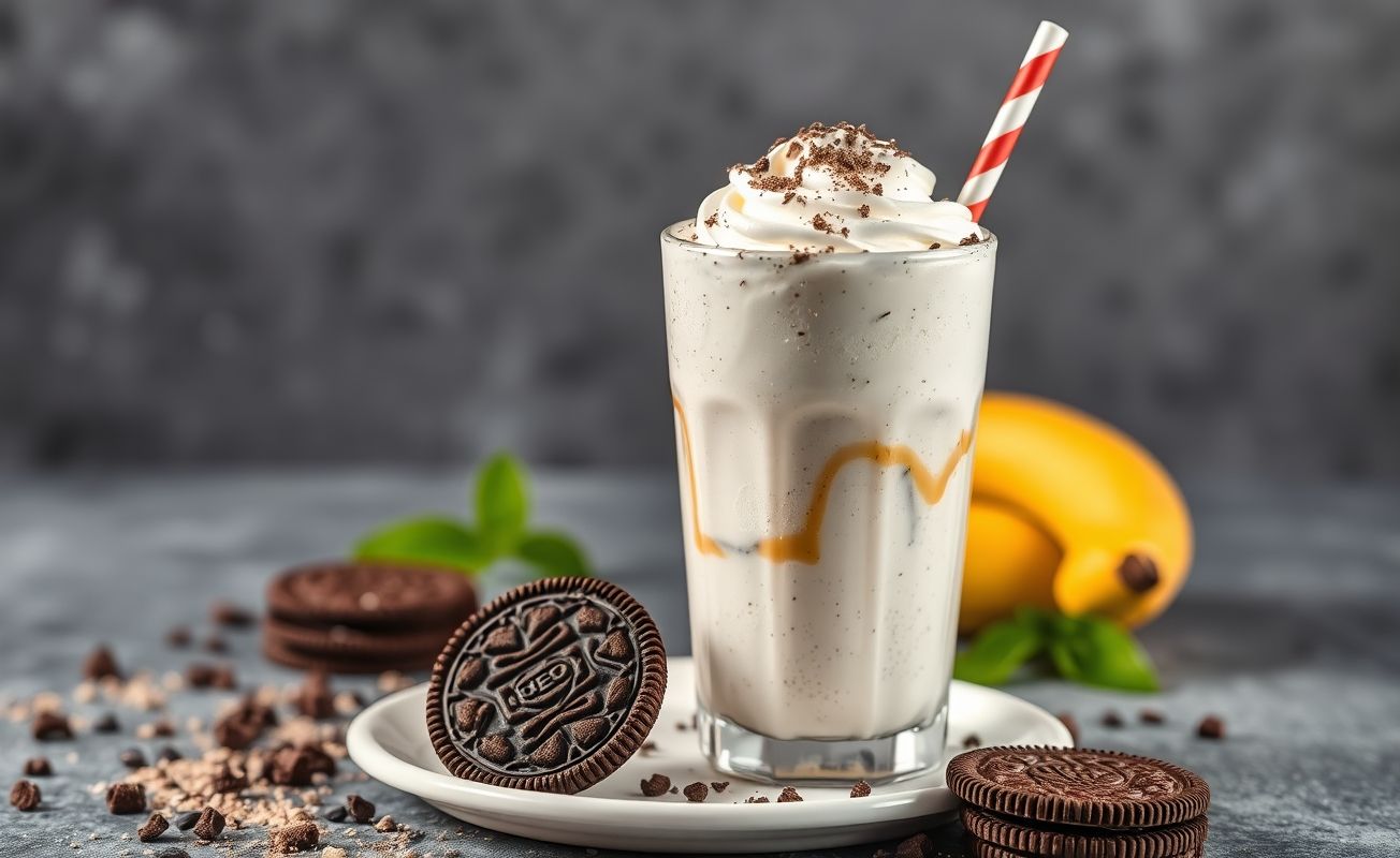 Milkshake de Oreo Viral cremoso em copo alto com chantilly, calda de chocolate e pedaços de biscoito crocantes