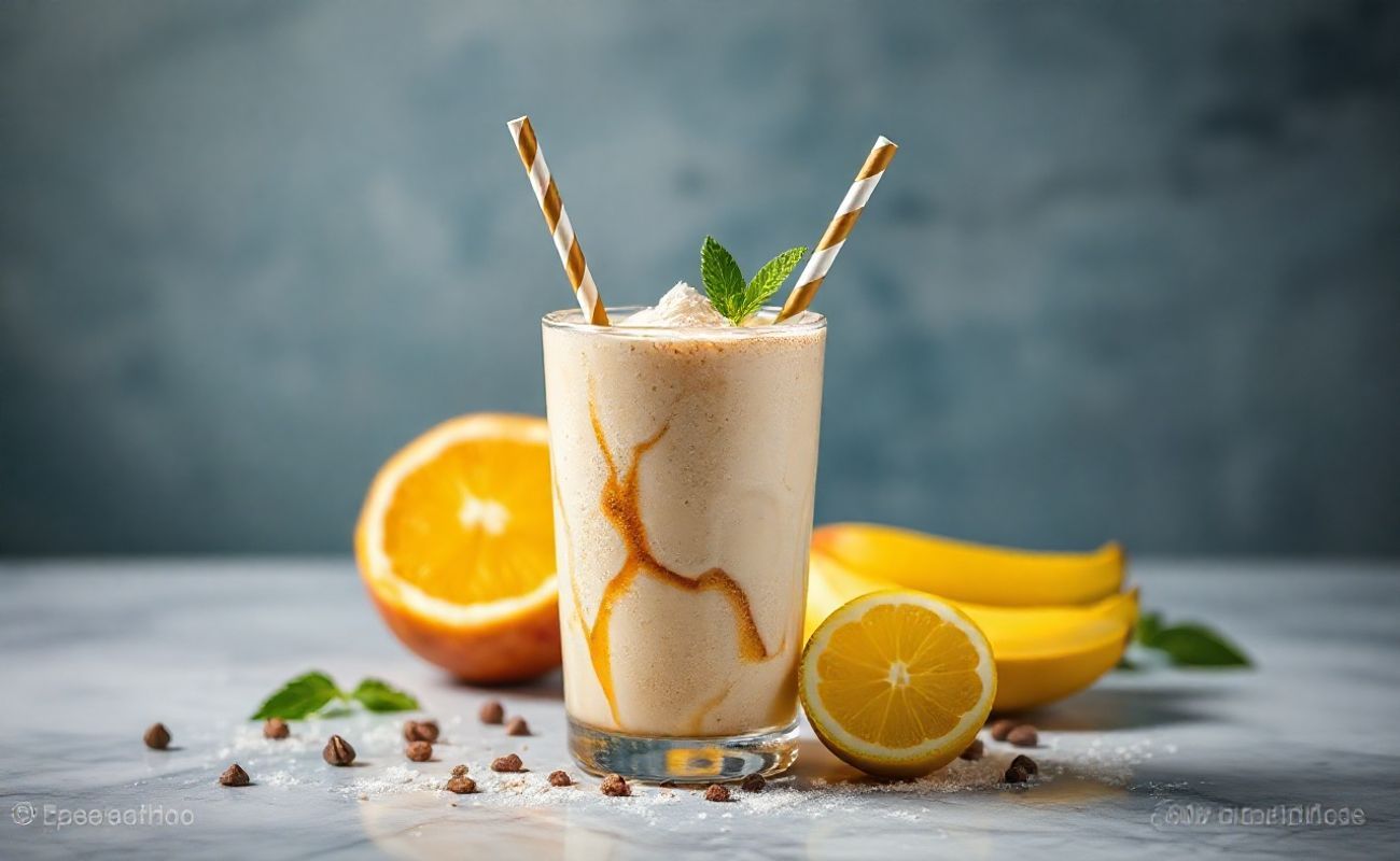 Milkshake de Paçoca cremoso em copo alto decorado com paçoca triturada e uma paçoca inteira na borda
