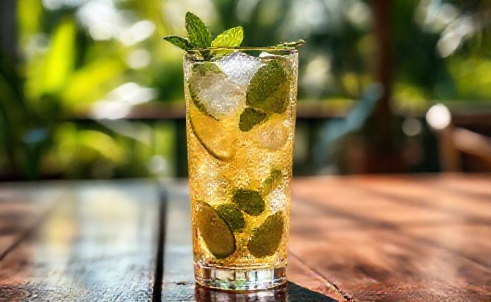 Copo de vidro alto com Mojito tradicional, decorado com limão e hortelã fresca, gelo e bolhas visíveis, bebida dourada e refrescante