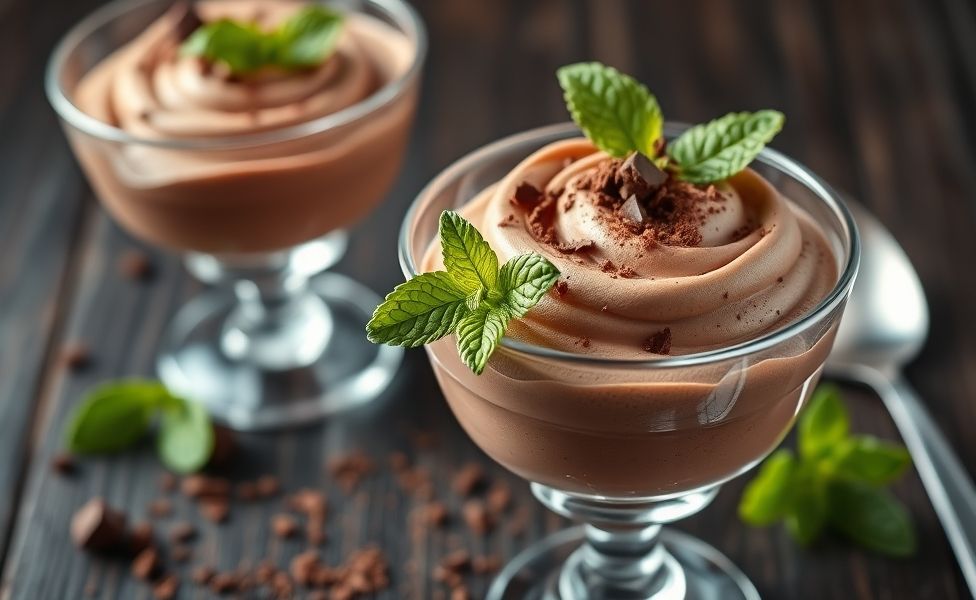 Mousse de Chocolate servido em taça de vidro com textura aerada e cremosa, decorado com raspas de chocolate e folha de hortelã