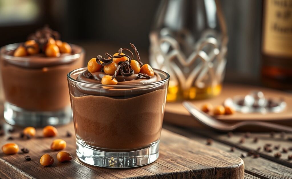 Mousse de Chocolate servido em taça de vidro com textura aerada, decorado com raspas de chocolate e folha de hortelã