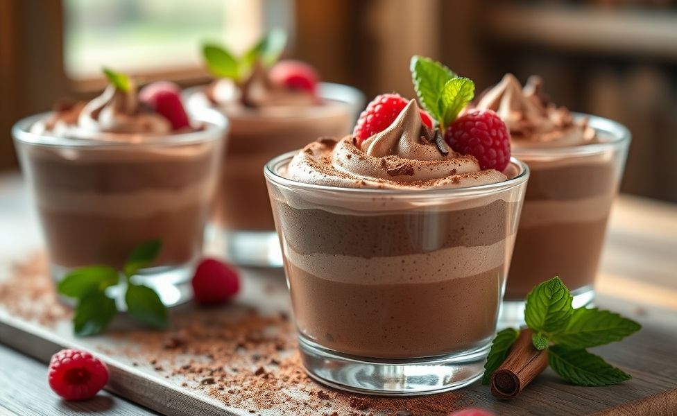 Mousse de Chocolate cremoso servido em taça de vidro, decorado com raspas de chocolate e frutas vermelhas, textura aerada e sedosa