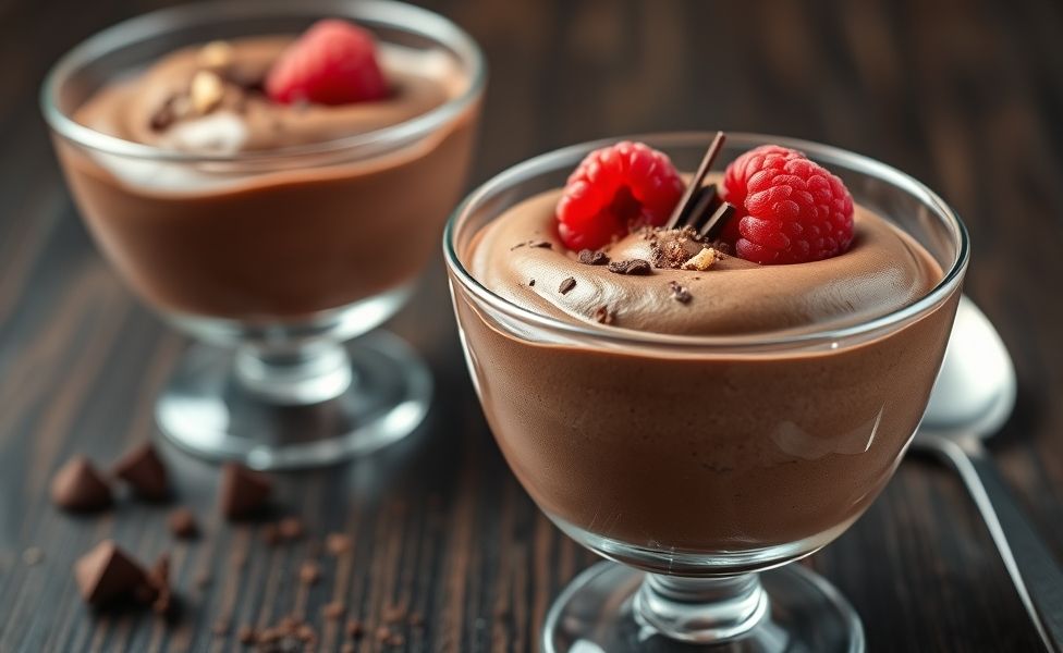 Mousse de Chocolate cremoso servido em taça de vidro, decorado com framboesas frescas e raspas de chocolate, textura aerada e aparência luxuosa