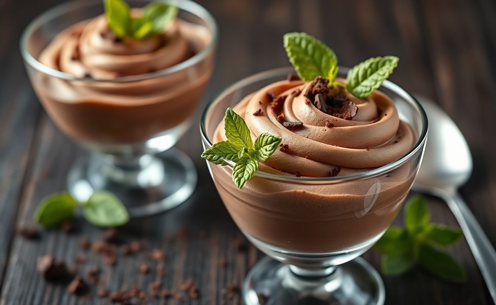 Mousse de Chocolate cremoso servido em taça de vidro, decorado com raspas de chocolate e folha de hortelã, textura aerada e sedosa