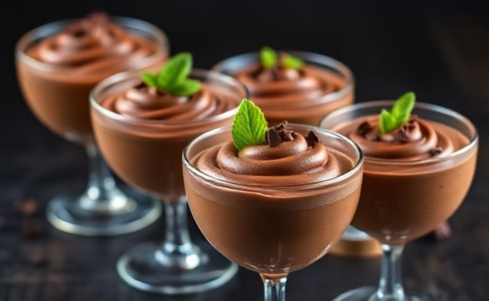 Mousse de Chocolate servido em taça de vidro com textura aerada, decorado com raspas de chocolate e folha de hortelã