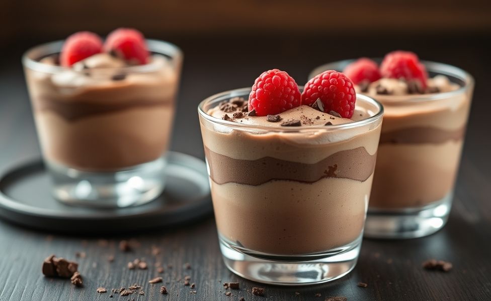Mousse de Chocolate servido em taça de vidro com textura aerada, decorado com raspas de chocolate e framboesas frescas