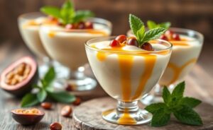 Mousse de Maracujá cremoso servido em taça transparente com calda e sementes de maracujá, decorado com folha de hortelã