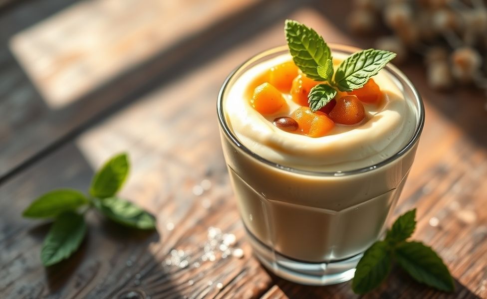 Mousse de Maracujá cremoso servido em taça de vidro com polpa fresca e sementes decorando, textura aerada e cor amarela vibrante