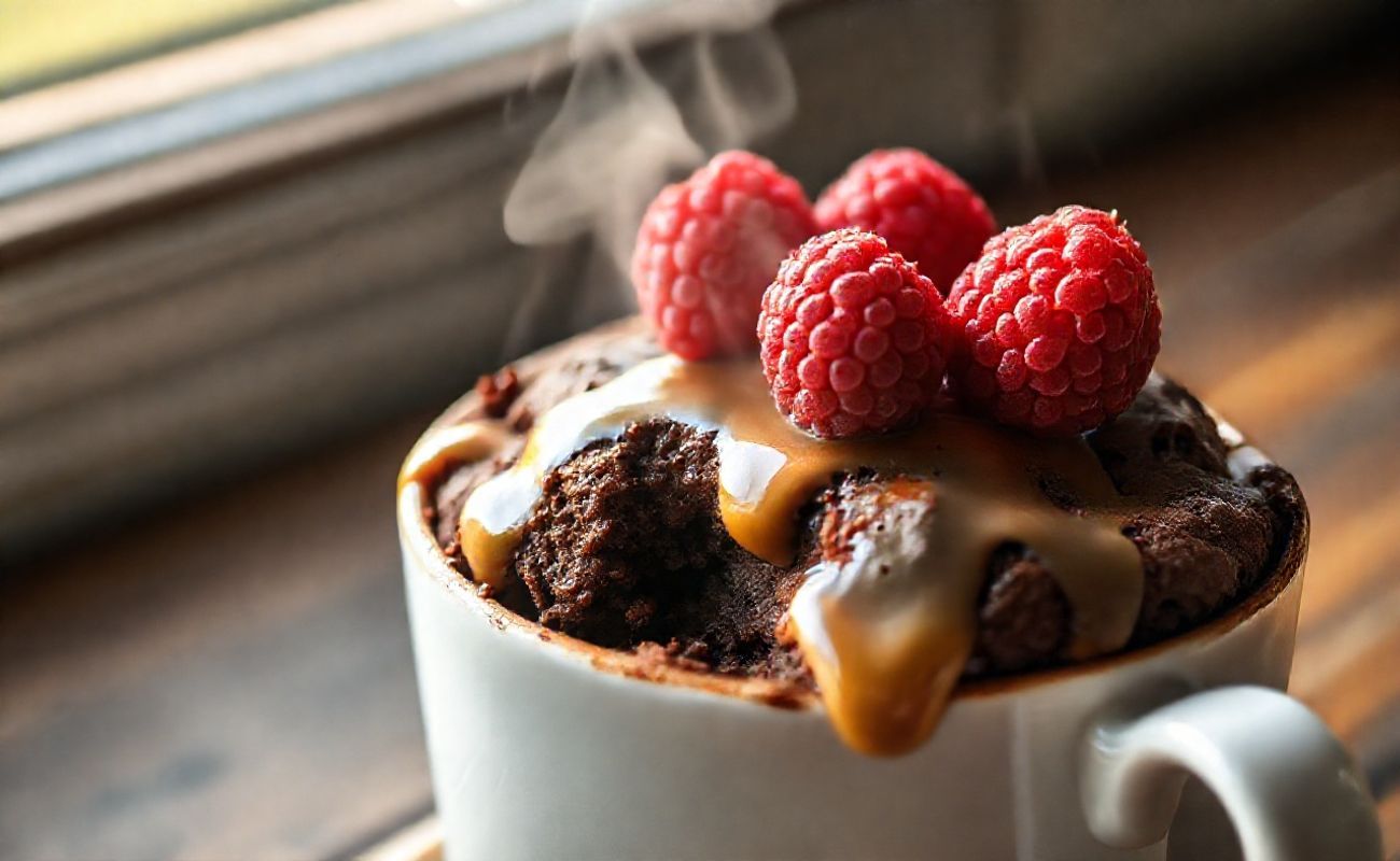 Mug Cake Proteico de chocolate em caneca branca, coberto com pasta de amendoim e framboesas, textura úmida e fofa visível