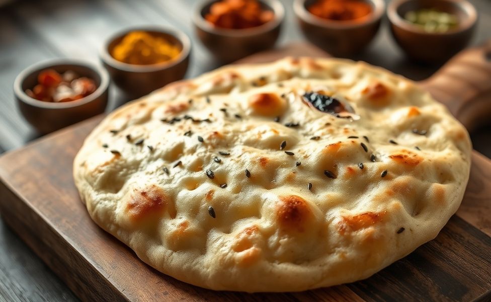 Naan indiano caseiro dourado com bolhas características, pincelado com manteiga e sementes de nigella, sobre tábua de madeira rústica