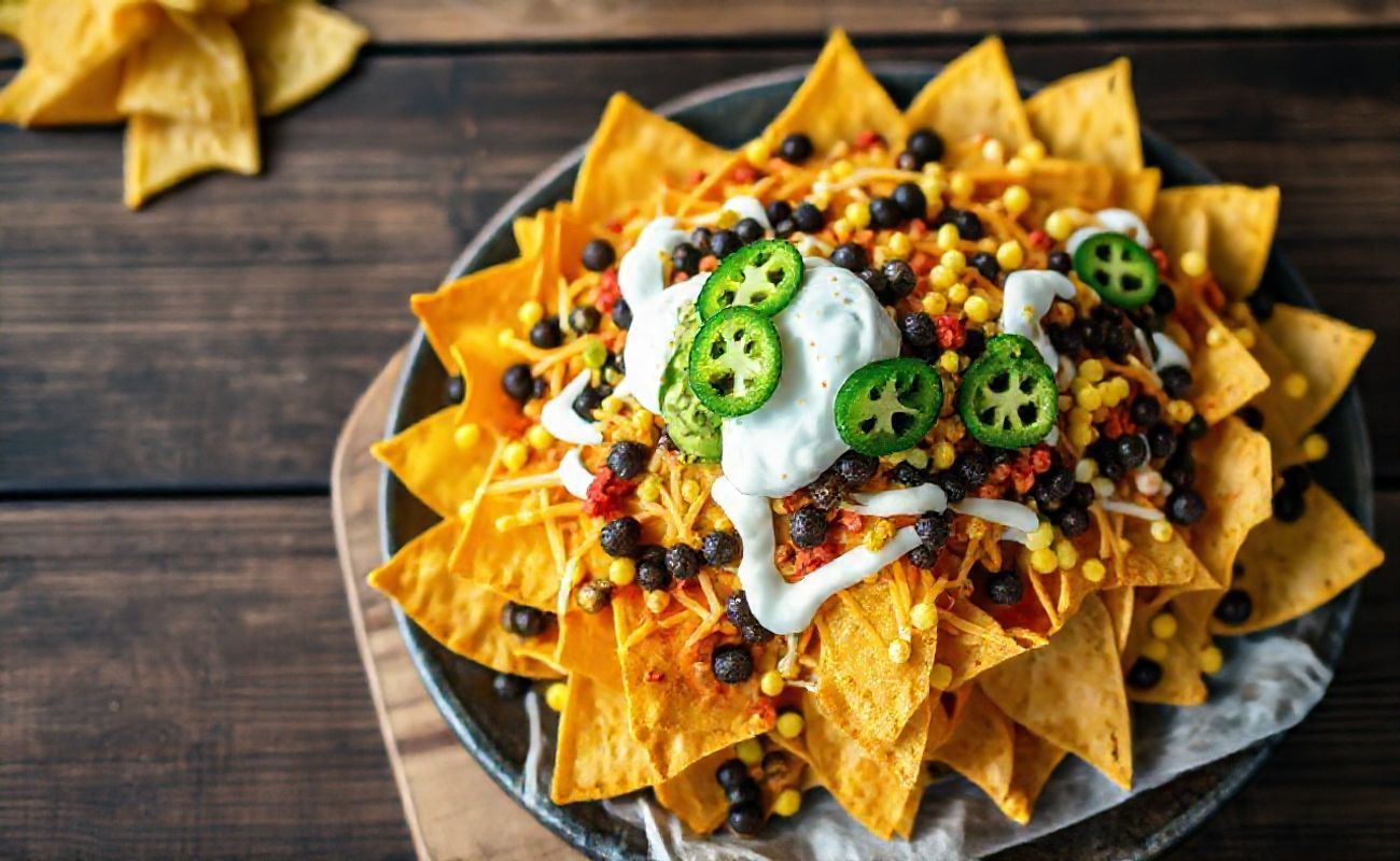 Nacho Tables com tortilhas douradas, queijo derretido, feijão preto, milho, guacamole fresco e sour cream decorado com coentro