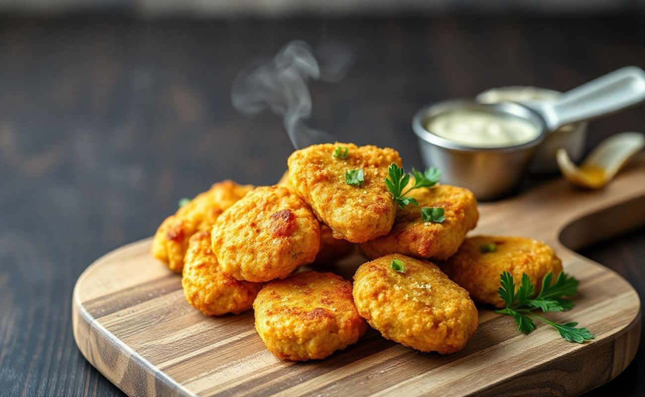 Nuggets Caseiros Airfryer dourados e crocantes dispostos em tábua de madeira, com textura apetitosa e acompanhamento de molho
