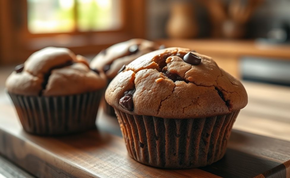 Olympics Chocolate Muffins recém-saídos do forno com gotas de chocolate derretidas visíveis e superfície dourada perfeita