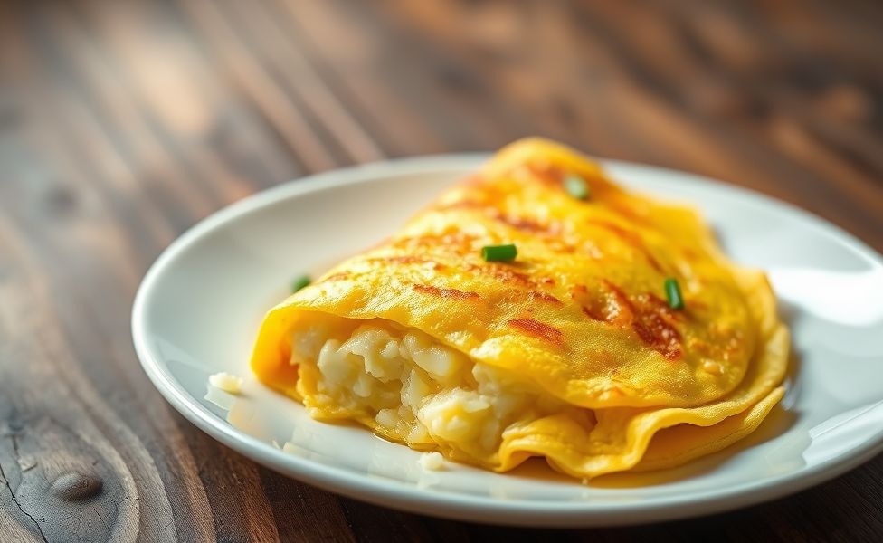 Omelete Simples dourado servido em prato branco, mostrando textura fofinha com detalhes de ervas frescas como decoração
