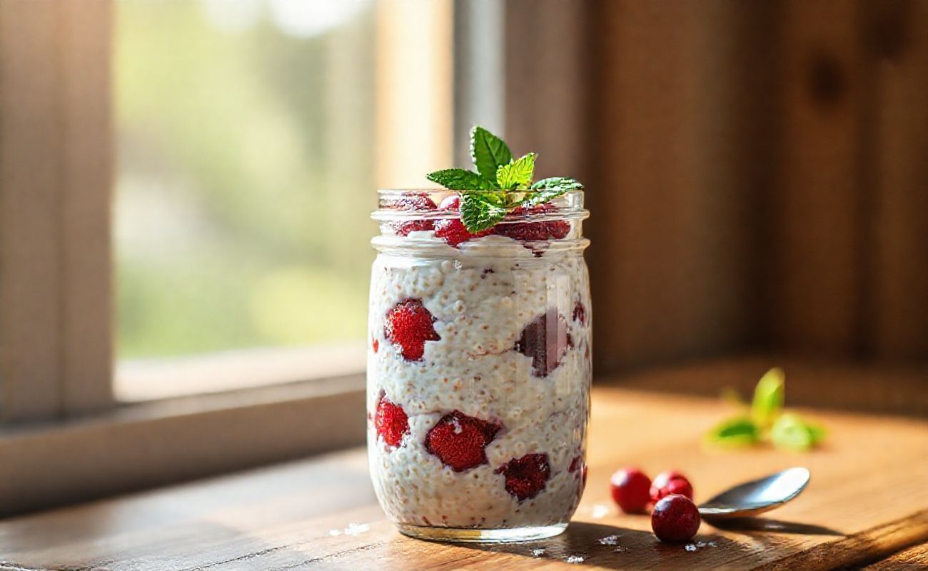 Pote de vidro com Overnight Oats cremoso, camadas de aveia e frutas vermelhas, decorado com sementes e folhas de hortelã