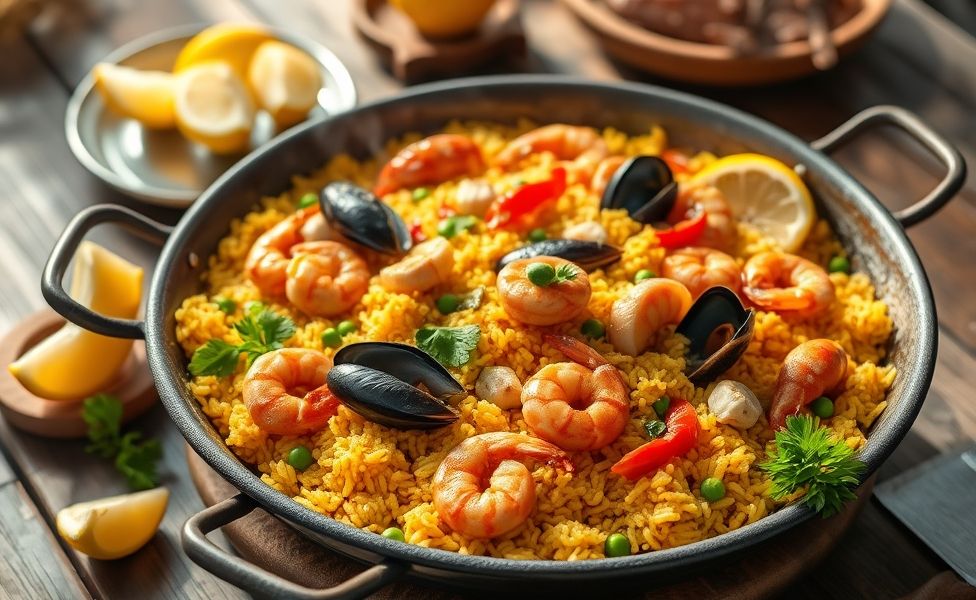 Paella tradicional espanhola com arroz dourado de açafrão, camarões, mexilhões, lulas e frango em panela de paellera