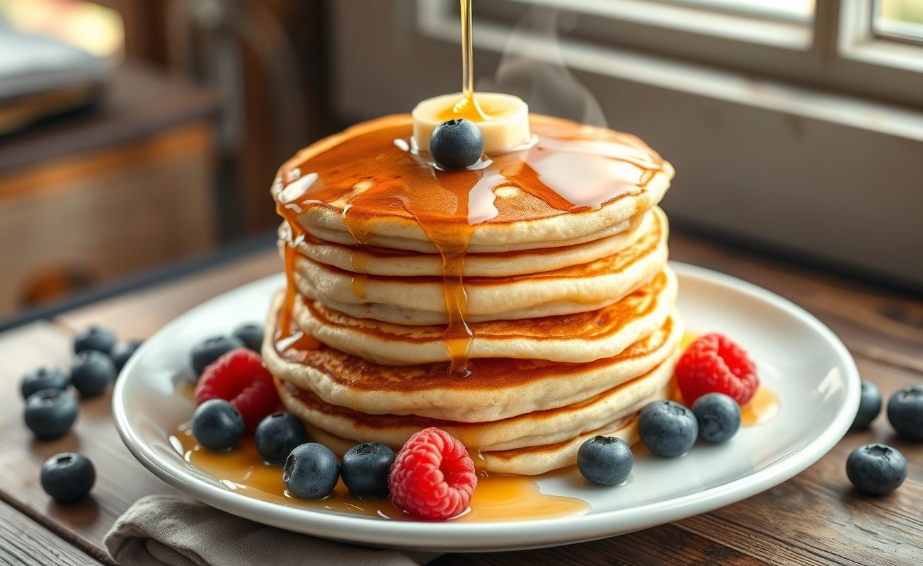 Stack of golden brown fluffy pancakes with maple syrup drizzle and fresh berries on white plate, perfect breakfast Pancakes