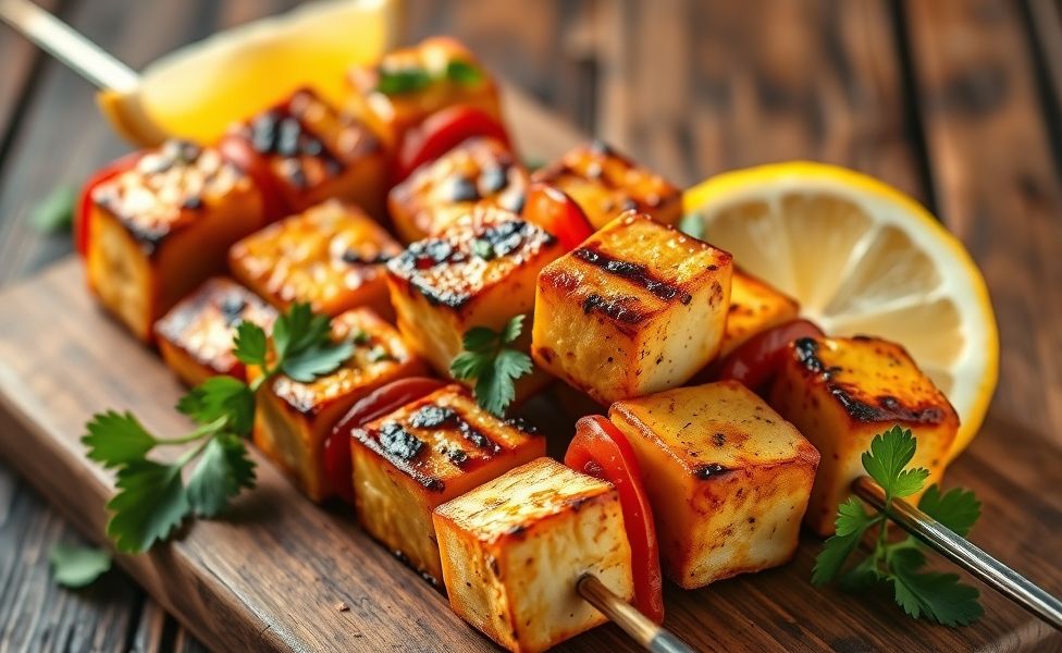 Paneer Tikka assado no espeto com cubos de queijo dourados, pimentões coloridos e marinada aromática sobre tábua de madeira