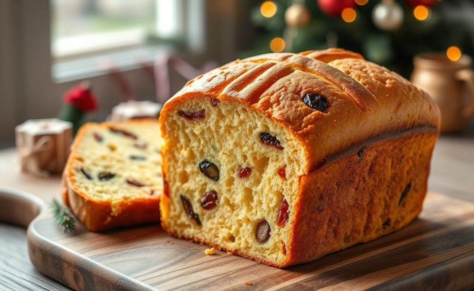 Panetone artesanal caseiro recém-assado com casca dourada e frutas cristalizadas visíveis na massa fofa