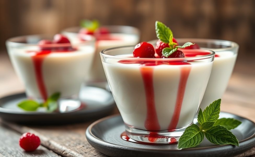 Panna Cotta cremosa servida em taça de vidro com calda de framboesa e folhas de hortelã, textura sedosa e aparência sofisticada