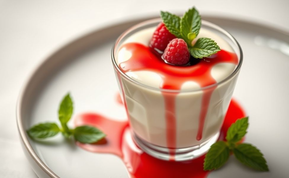 Panna Cotta cremosa servida em taça com calda de frutas vermelhas e framboesas frescas, textura suave e aparência elegante