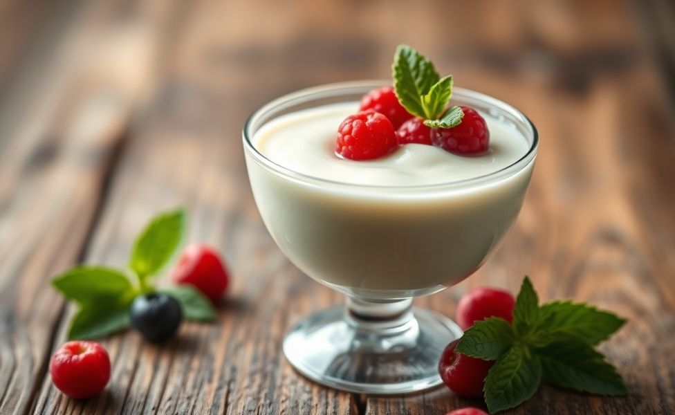 Panna Cotta cremosa servida em taça de vidro com frutas vermelhas frescas e folha de hortelã, textura lisa e sedosa