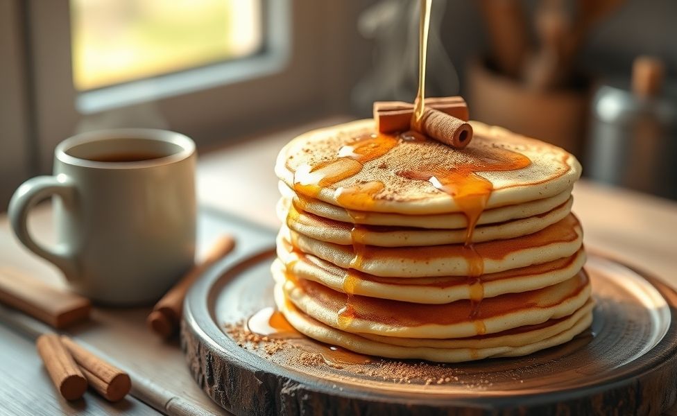 Paquecas com canela douradas empilhadas em prato de madeira, decoradas com mel e canela em pó