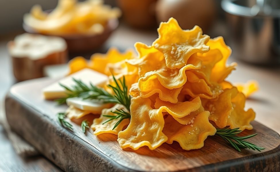 Pasta Chips douradas e crocantes dispostas em tábua de madeira rústica com queijo parmesão e ervas
