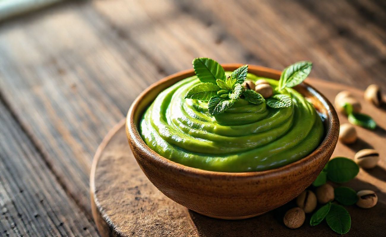 Pasta de Pistache cremosa em bowl cerâmico com pistaches inteiros e folhas de hortelã, textura suave e cor verde vibrante