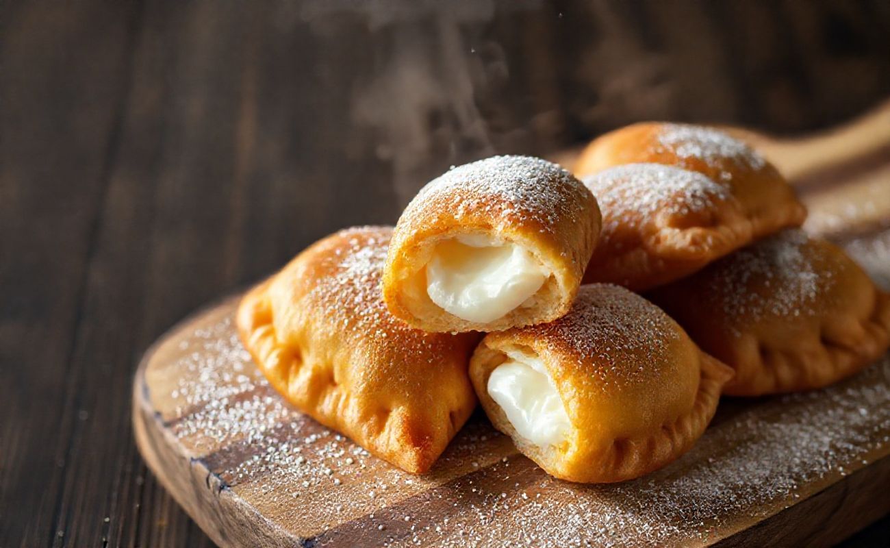 Pastel de Leite Ninho dourado e crocante com recheio cremoso visível, disposto em tábua de madeira rústica