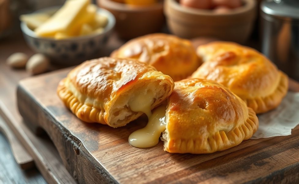 Pastel de Queijo frito dourado e crocante com queijo derretendo, servido em tábua de madeira rústica