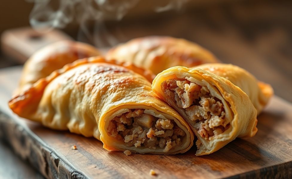 Pastel Frito dourado e crocante com recheio de carne moída, servido em tabua de madeira rústica