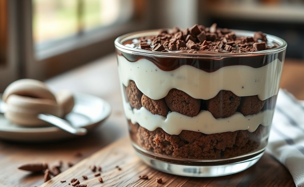 Pavê de Chocolate em camadas cremosas com ganache e raspas de chocolate, servido em taça de vidro