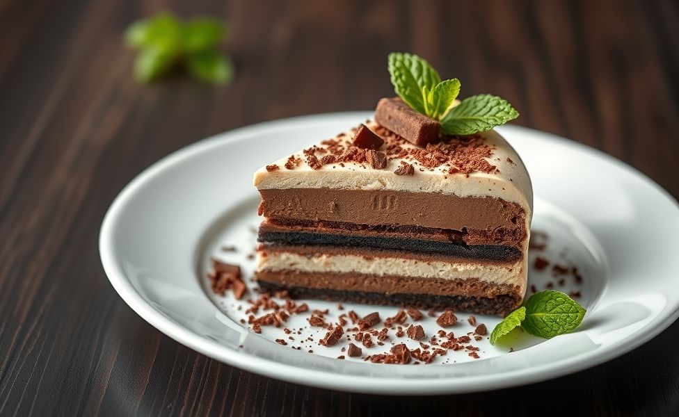 Pavê de chocolate cremoso em fatia perfeita mostrando camadas alternadas de biscoito e creme, decorado com raspas de chocolate
