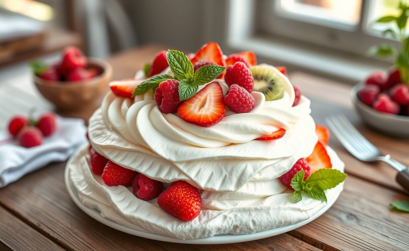 Pavlova australiana com merengue branco, chantilly e frutas vermelhas frescas decoradas com hortelã em fundo rústico