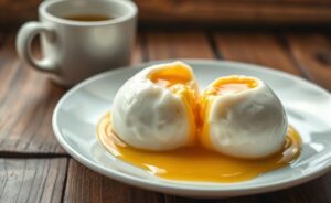 Perfect Microwave Poached Eggs servidos em prato branco com gema dourada cremosa e clara perfeitamente cozida, sobre fundo rústico