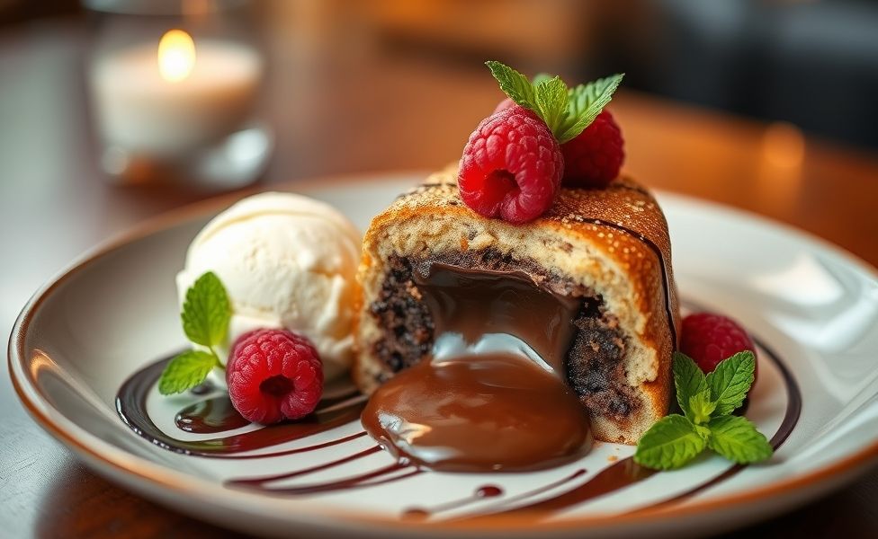Petit Gateau de chocolate cortado ao meio mostrando centro derretido, acompanhado de sorvete de baunilha e frutas vermelhas em prato branco