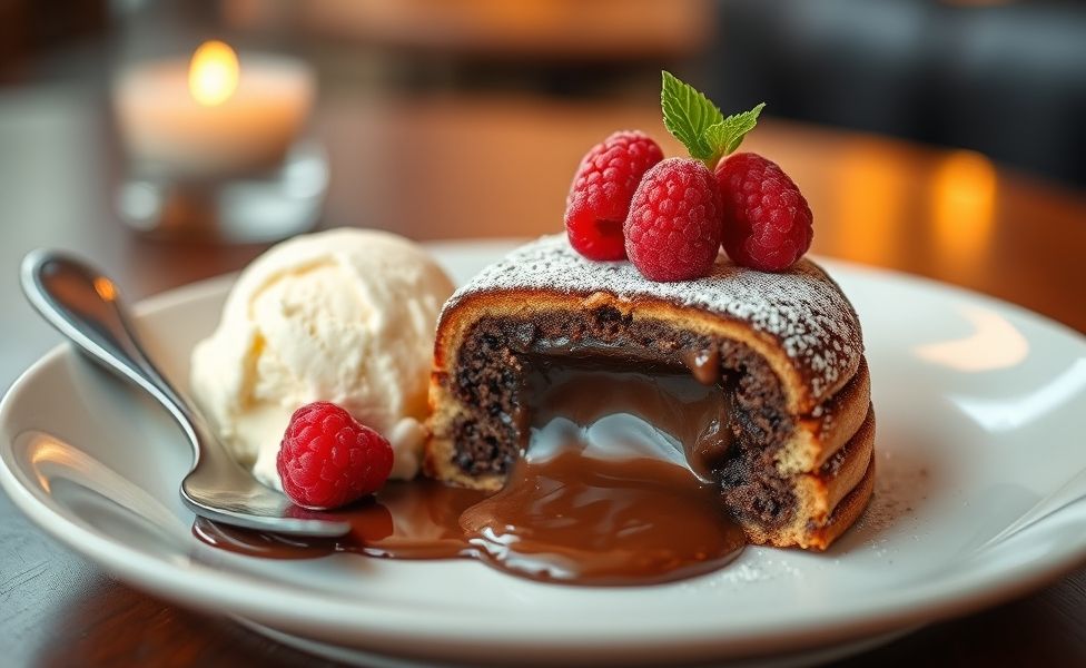 Petit Gateau servido em prato branco com centro de chocolate derretido escorrendo, acompanhado de sorvete de baunilha e frutas vermelhas