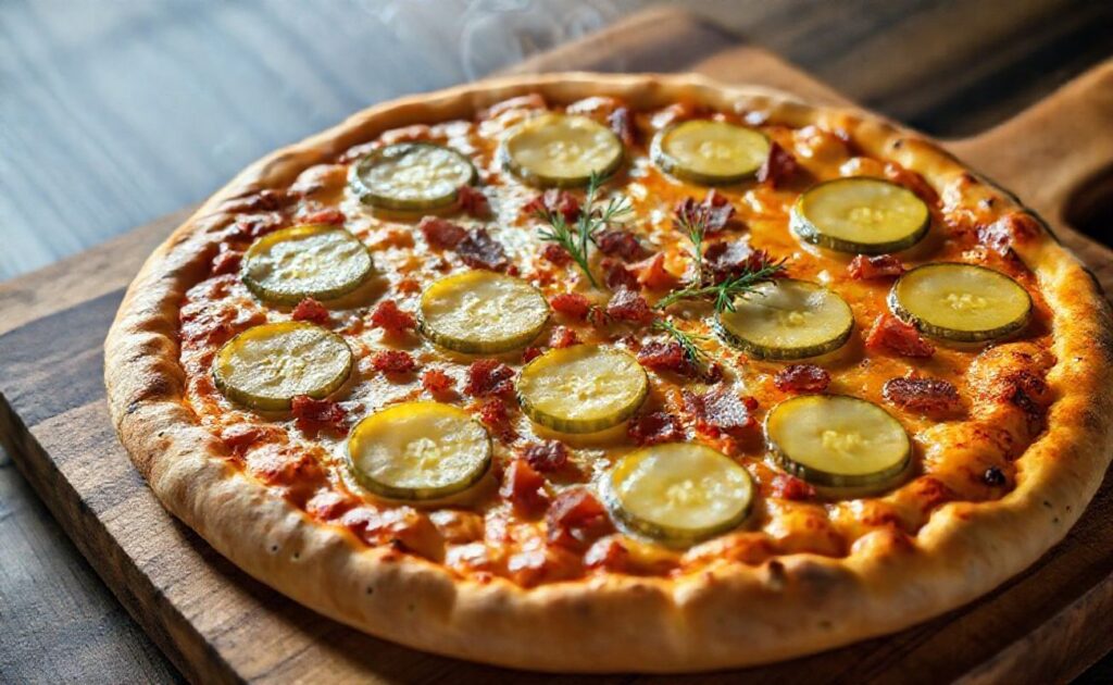 Pickle Pizza recém-assada com queijo derretido, pickles dourados dispostos circularmente e bacon crocante sobre massa artesanal