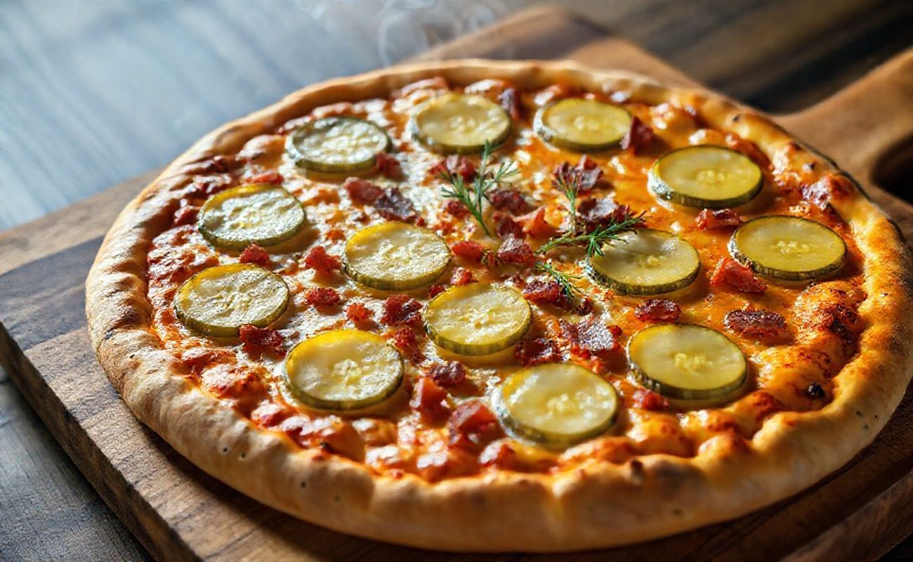 Pickle Pizza recém-assada com queijo derretido, pickles dourados dispostos circularmente e bacon crocante sobre massa artesanal