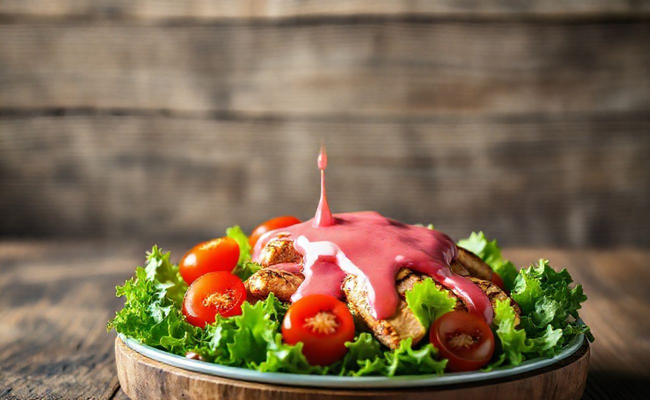 Pink Sauce Viral cremosa em pote de vidro com salada fresca, molho rosa vibrante escorrendo sobre vegetais verdes