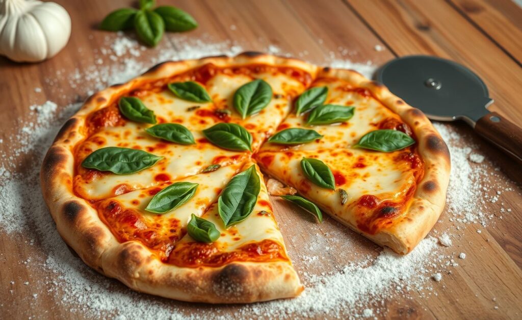 Pizza Caseira recém-saída do forno com queijo derretido, molho de tomate caseiro e manjericão fresco sobre tábua de madeira